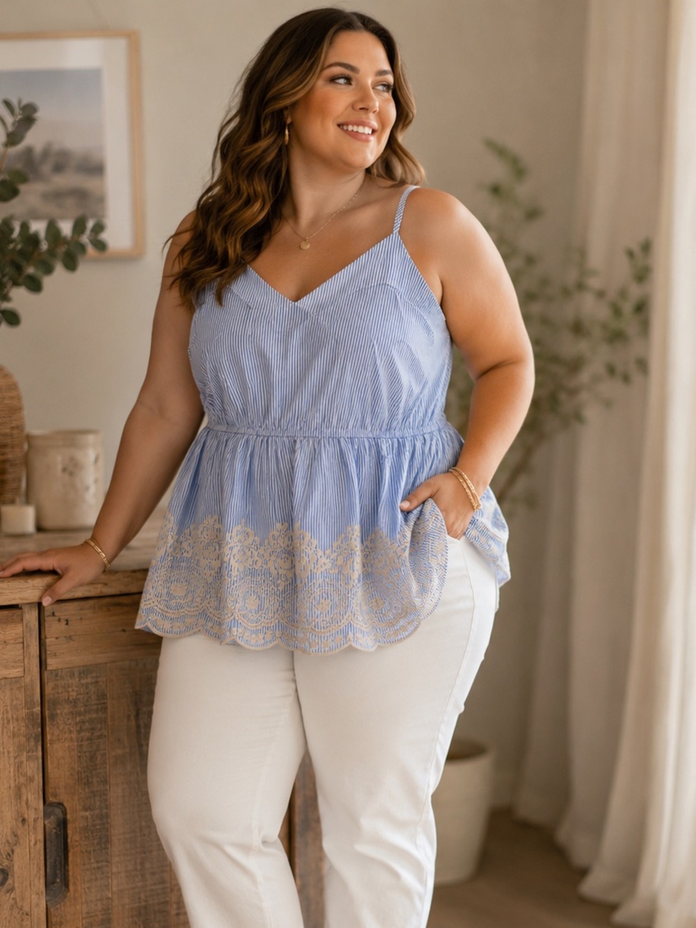 Savanna Jane Blue and White Striped Embroidered Peplum Tank Top Plus Size 2X